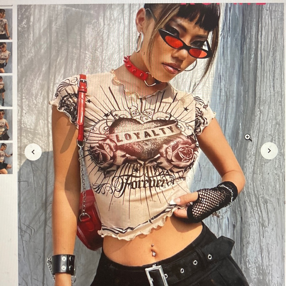 Punk Heart & Floral Lettuce Trim Mesh Sheer Top